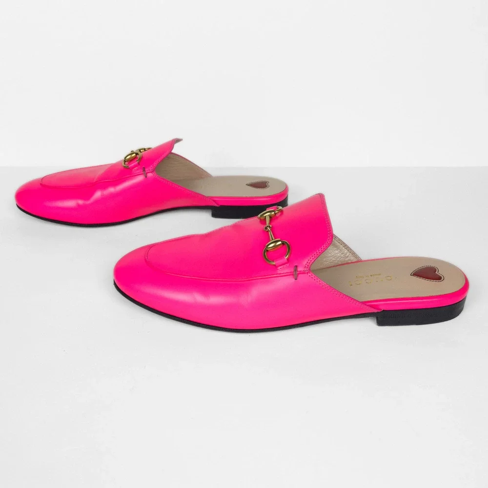 GUCCI Neon Pink Princetown Leather Slipper Mule Flat Horsebit Women's EU 37 - Picture 6 of 11